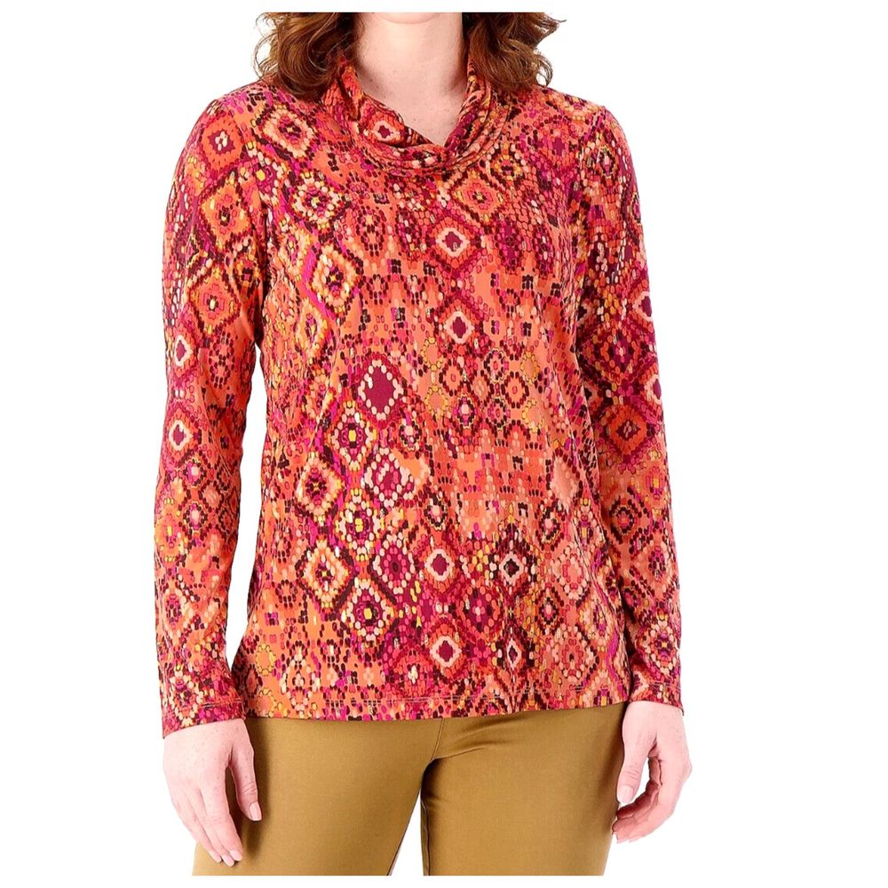 Susan Graver Foil Printed Liquid Knit Long Sleeve Cowl Neck Top L